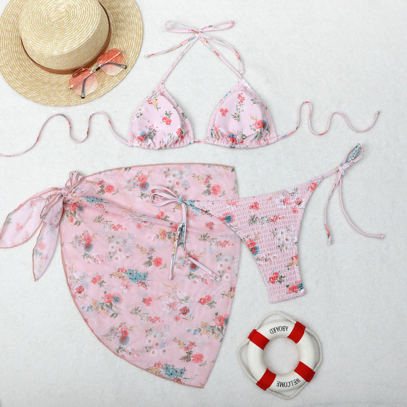 Print Bikini Three-Piece Set – Sheer Skirt Separates, Sexy Vacation Swimwear