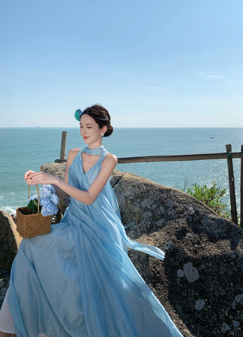 Ethereal Tie-Neck Maxi Dress – Flowy Goddess Silhouette with Elegant Sash Detail