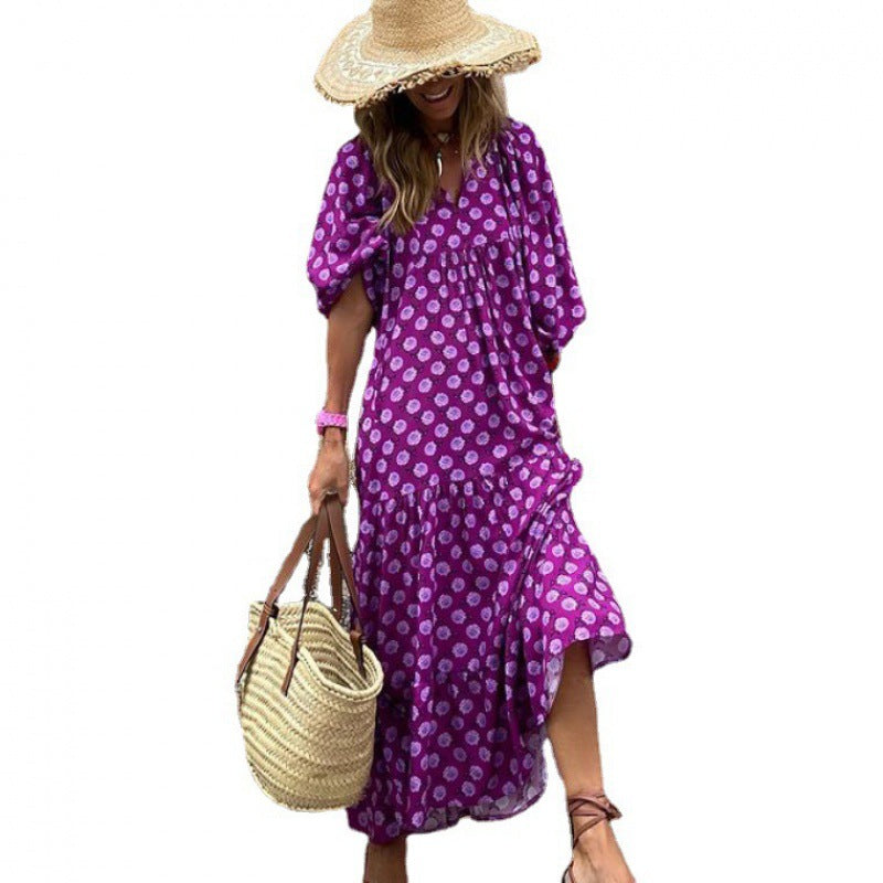 Plus Size Boho Print Dress with Puff Sleeves