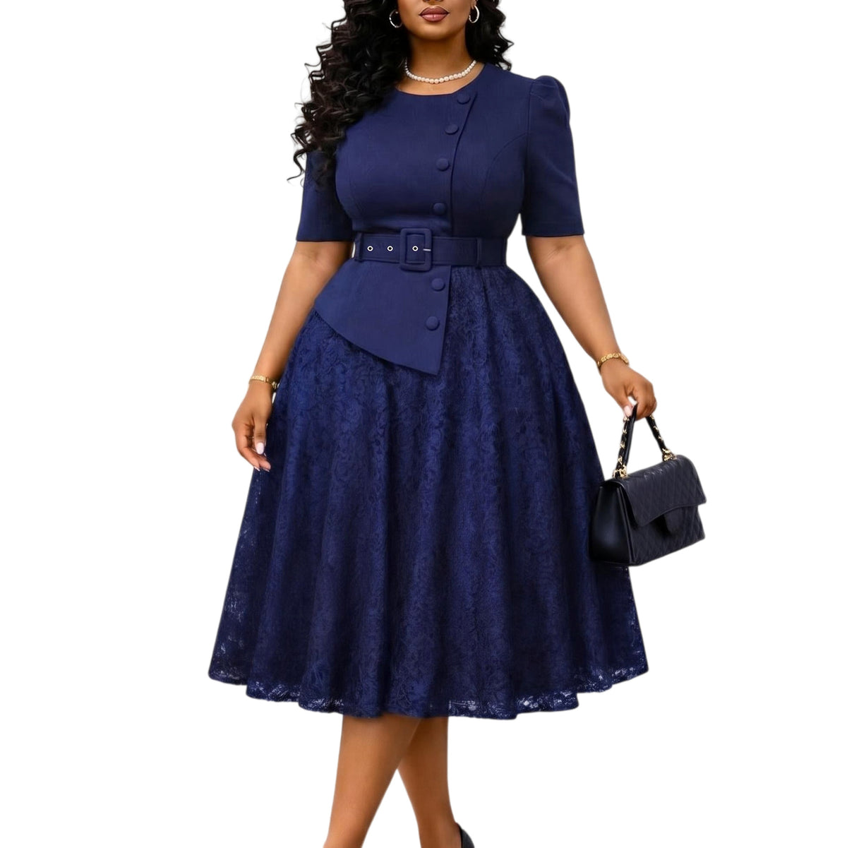 Summer Elegant Lace Spliced High-Waist Plus Size Two-Piece Look Dress
