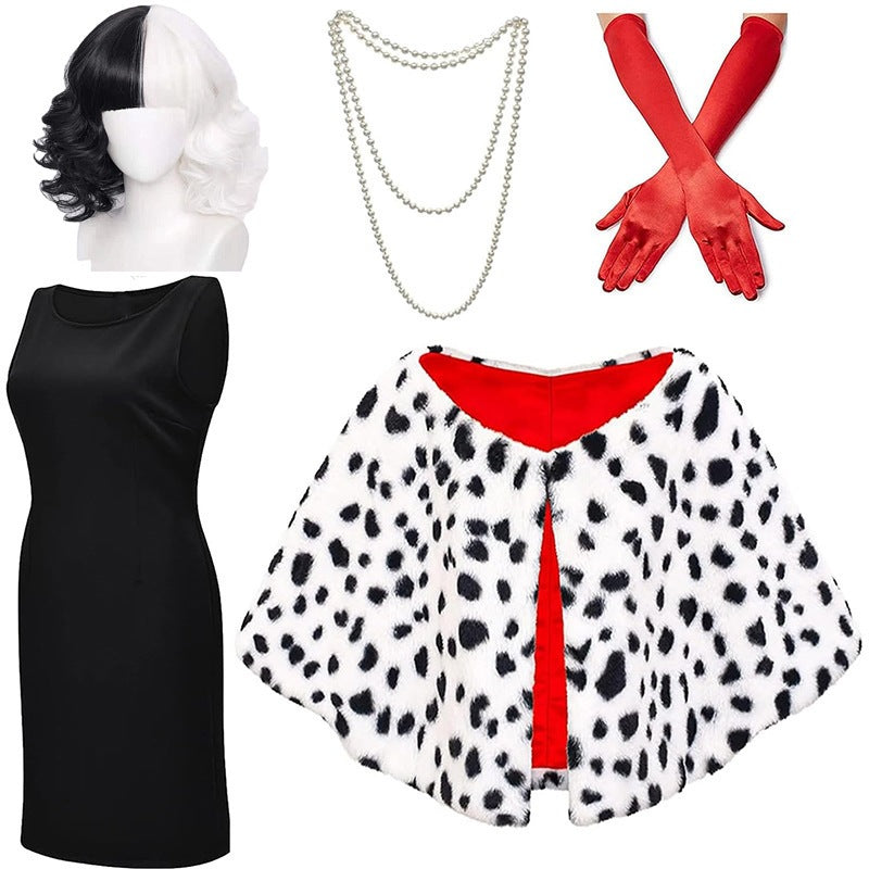 Disney Cruella de Vil Costume - Black and White Cape with Wig for Halloween and Cosplay