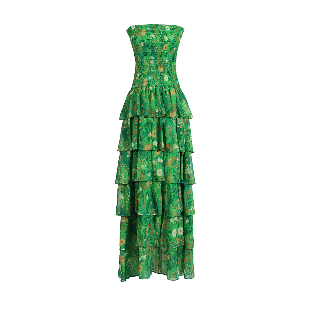 Designed Green Elegant Off-Shoulder Strapless Chiffon Maxi Dress