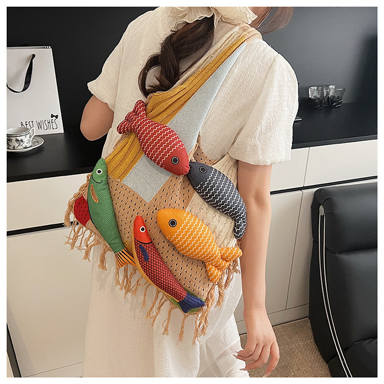Patchwork Knit Shoulder Bag with Checkered Design