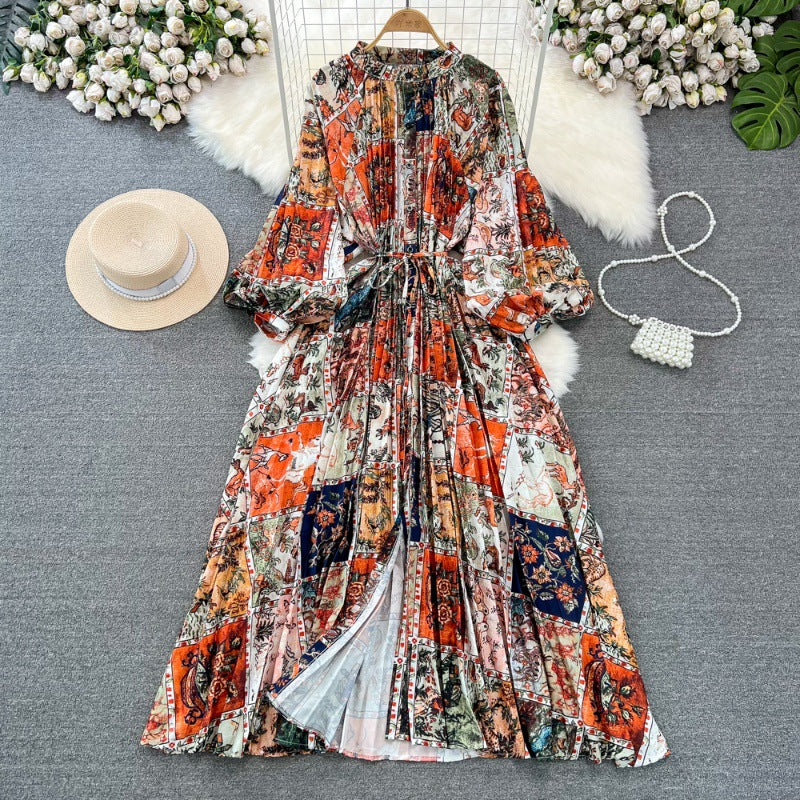 Retro Palace Style Lantern Sleeve Round Neck A-Line Floral Print Button-Down Waist Dress