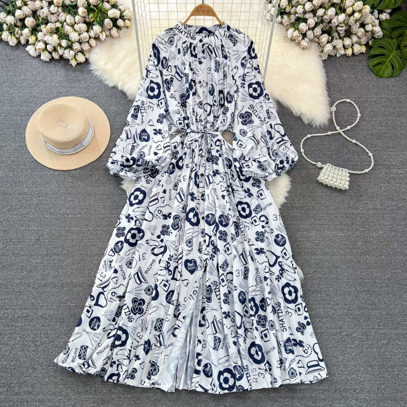 Retro Palace Style Lantern Sleeve Round Neck A-Line Floral Print Button-Down Waist Dress