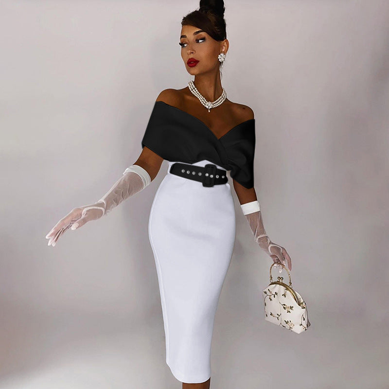 Sexy Office Lady Dresses with Belt-Dresses-Black and White-S-Free Shipping at meselling99