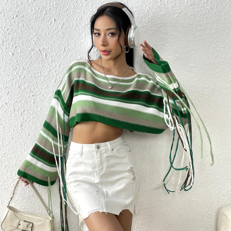 Sexy Rainbow Striped Tassels Short Knitted Blouses