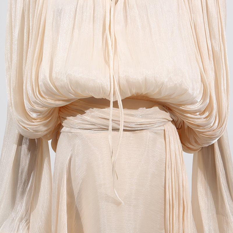 Women's Summer V-Neck Belted Ribbon Tie Waist Flowy Dress