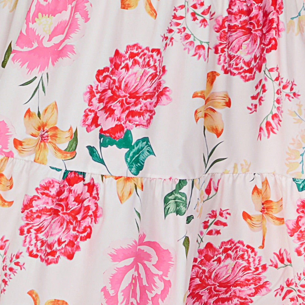 Women's Summer Floral V-Neck Waist-Tie Midi Short Sleeve Dress