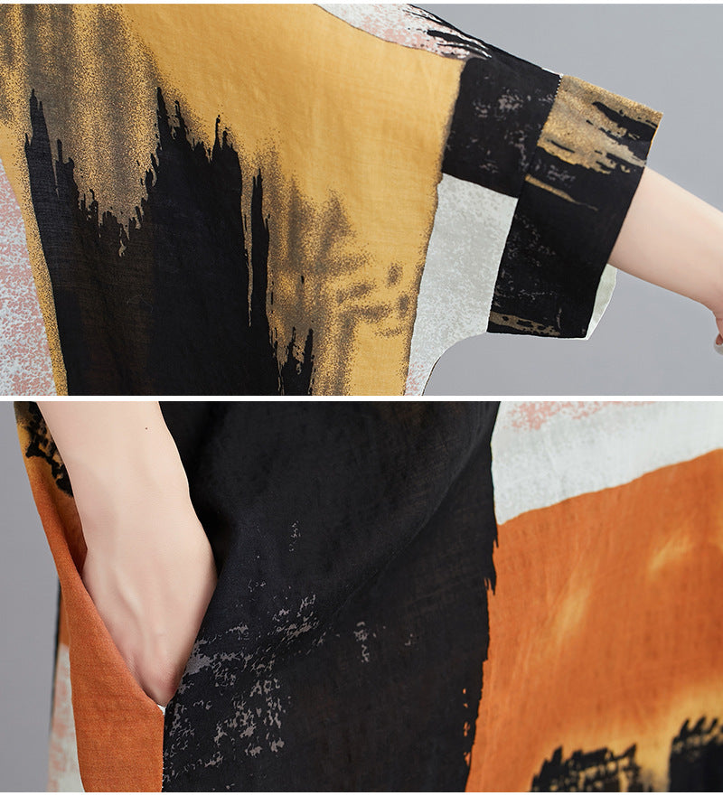 Women's Summer Boho Loose Fit V-Neck Short Sleeve Maxi Dress