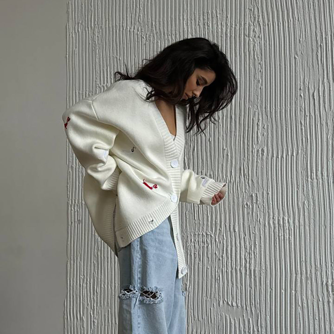 Women's Oversized Casual Knitted Embroidered Sweater Coat