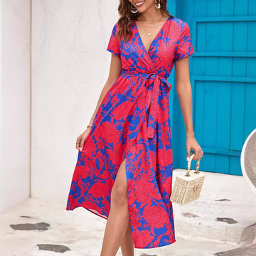 Summer Floral Print V-Neck Split Hem Midi Dress
