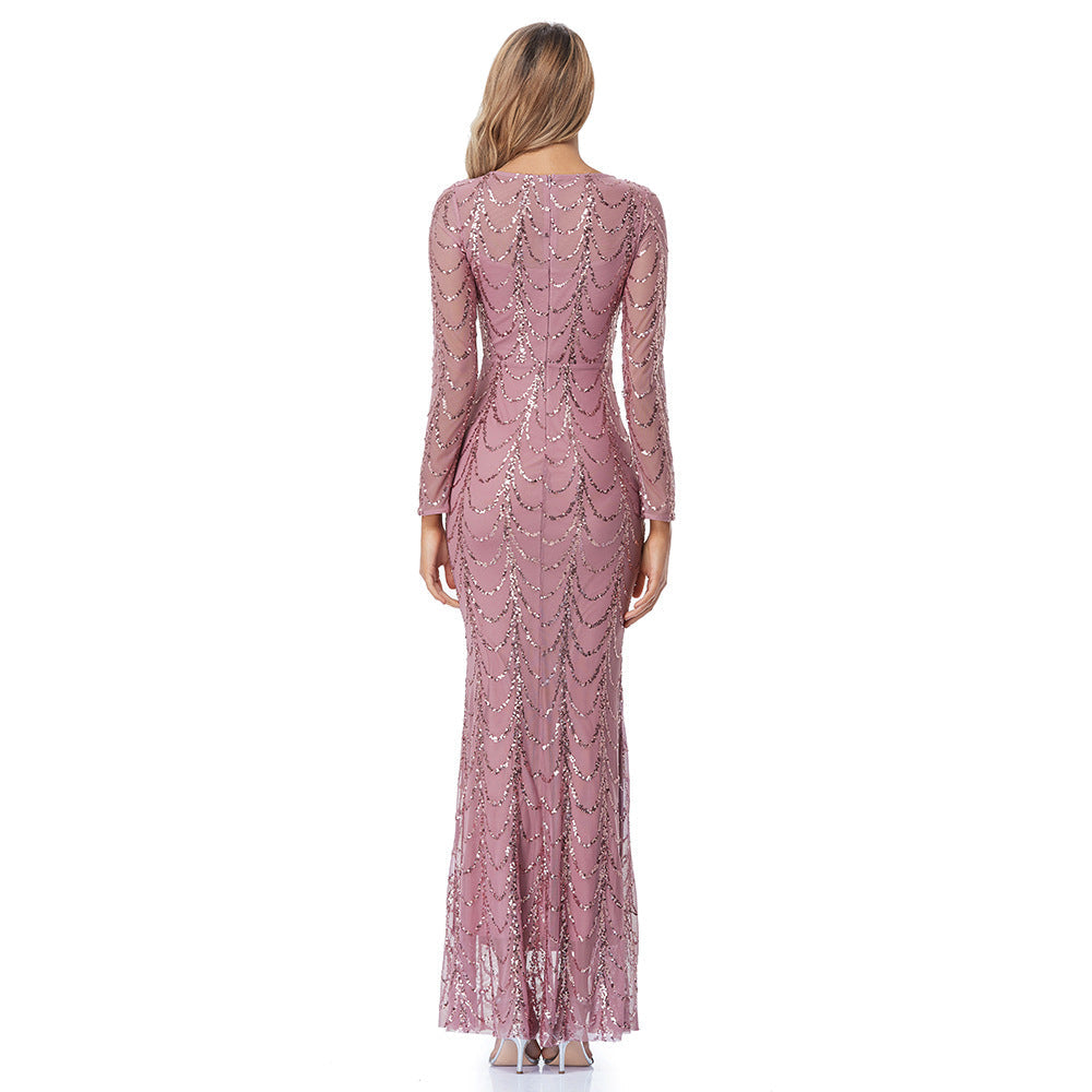 Elegant Mermaid Evening Gown – Sequined Long Sleeve Round Neck Party Dress