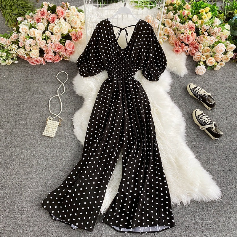 Women's Sexy V-Neck Batwing Sleeve Waist-Cinching Slimming Polka Dot Print Jumpsuit