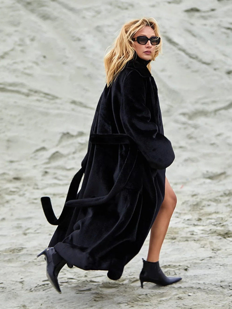 Women's Long Plush Fur Coat with Belted Waist & Notched Lapel