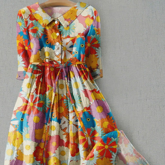Women's Sunflower Print Shirt Dress – Women’s Short Sleeve Flowy Summer Dress