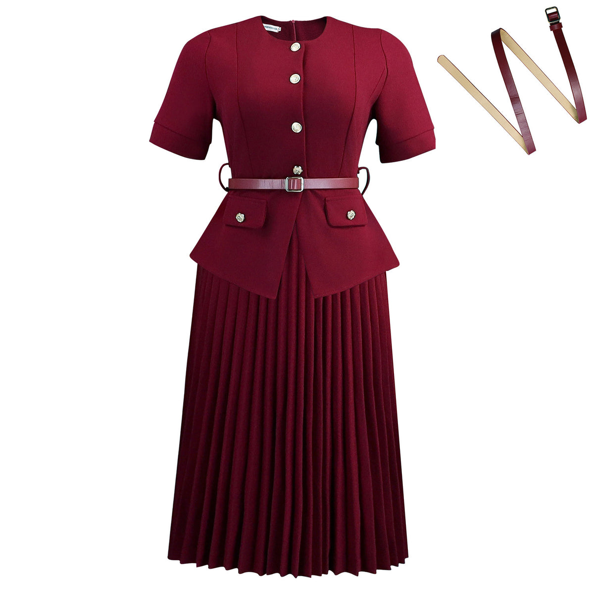 Summer  Round Neck Spliced Pleated Fake Two-Piece Solid Color Plus Size Dress
