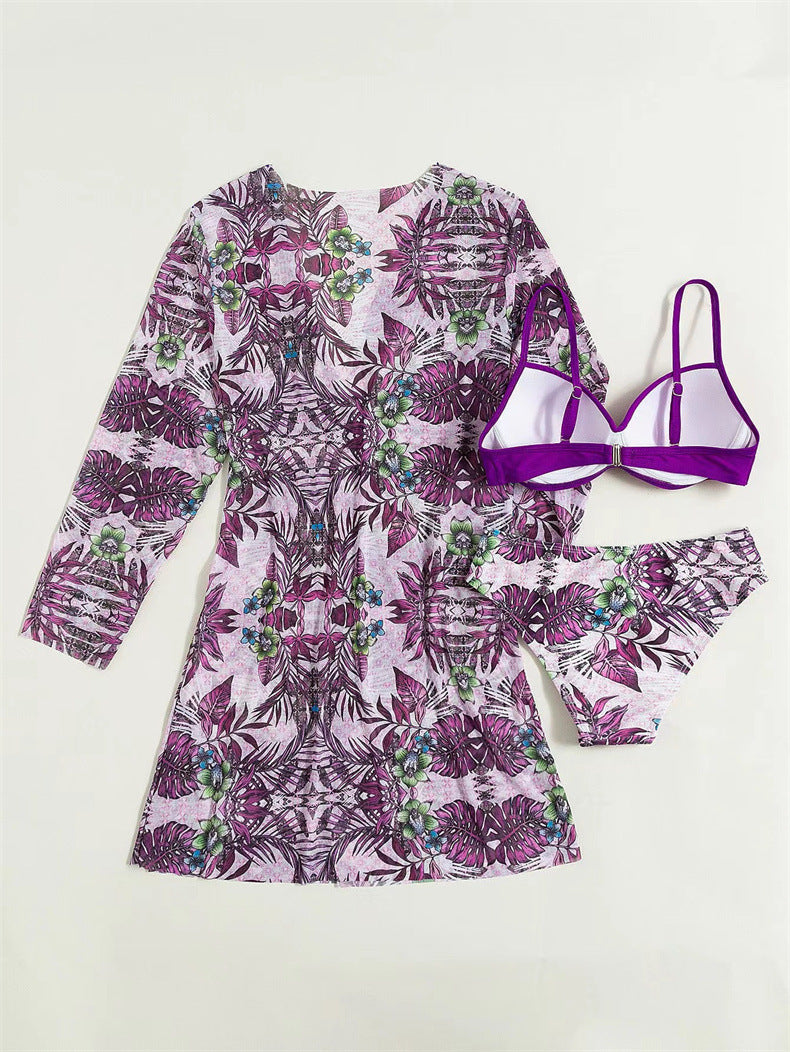 Women's 3-Piece Mesh Long Sleeve Cover-Up – Beach Bikini Set