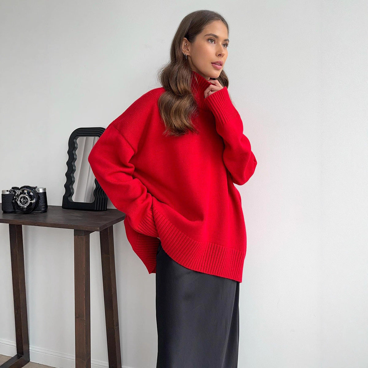 Women's Oversized Solid Color High Neck Sweater