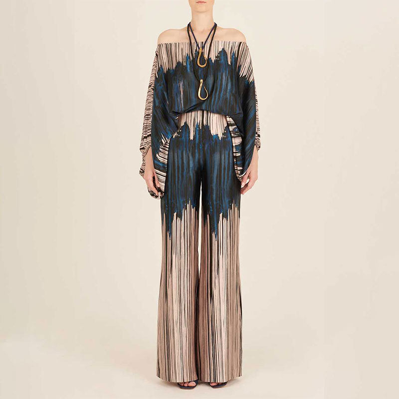 Women's Printed Round Neck Batwing Sleeve Top & Wide-Leg Pants Set