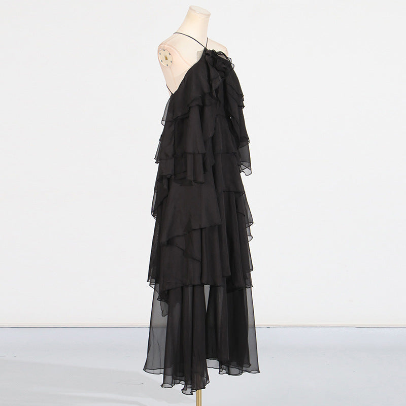 Elegant High-Society Style Dress – Off-Shoulder Backless Maxi Dress with Layered Hem