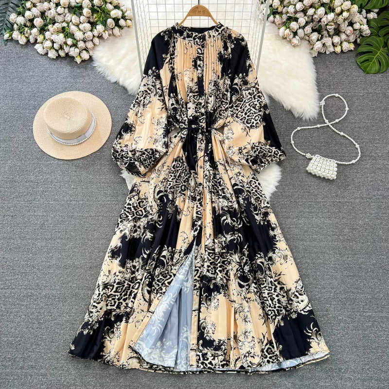 Retro Palace Style Lantern Sleeve Round Neck A-Line Floral Print Button-Down Waist Dress