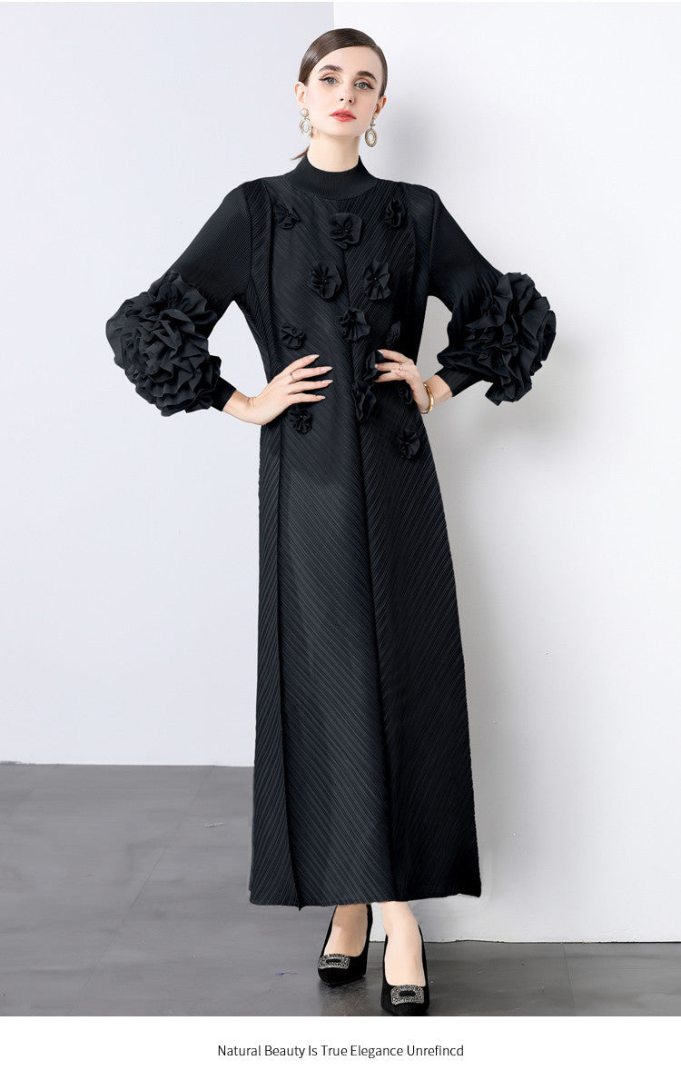 Stylish Slim-Fit Solid Color High Neck Dress with 3D Flowers