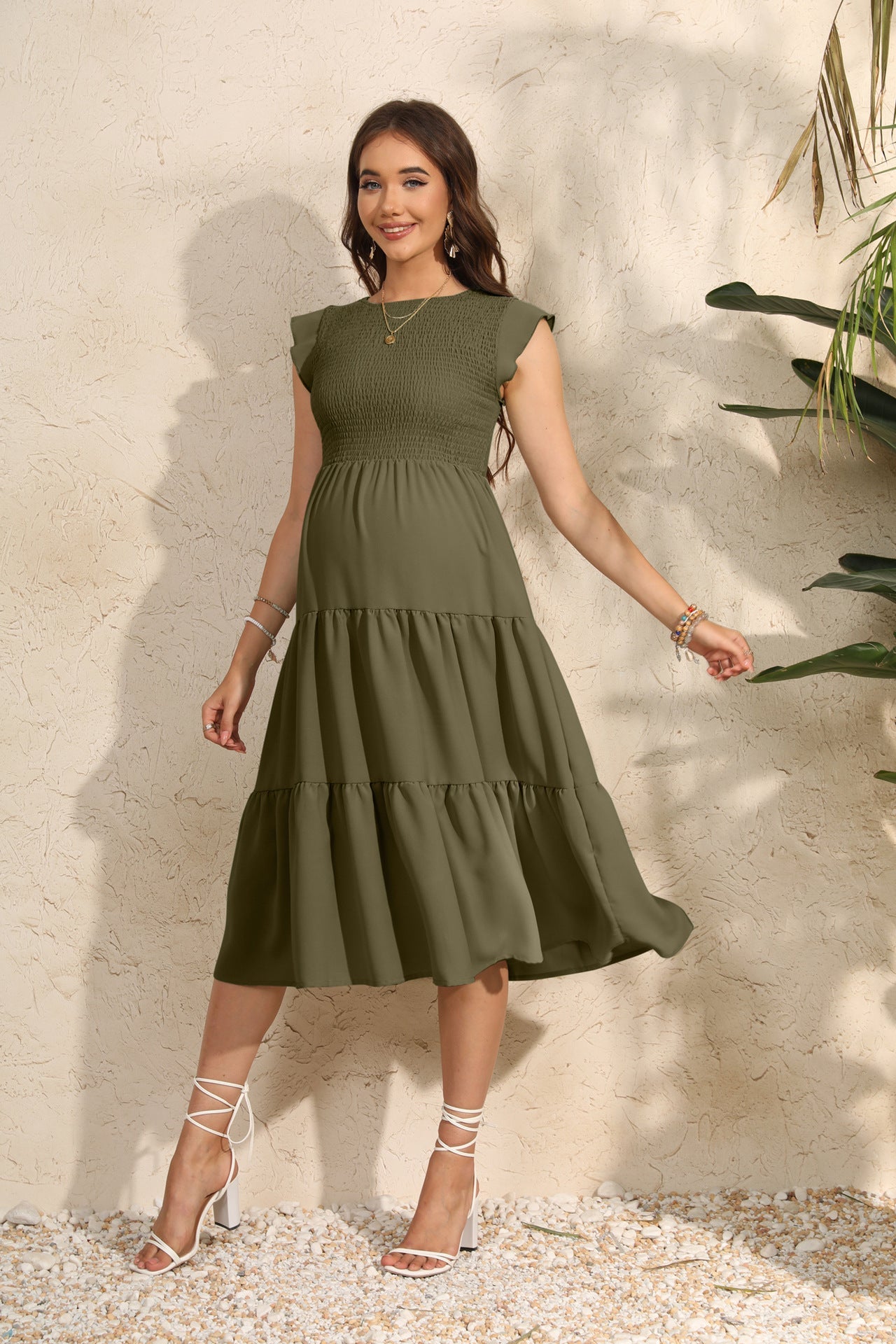 Women's Summer Flutter Sleeve Tiered Ruffle Maxi Dress – Flowy Chiffon Maternity Dress