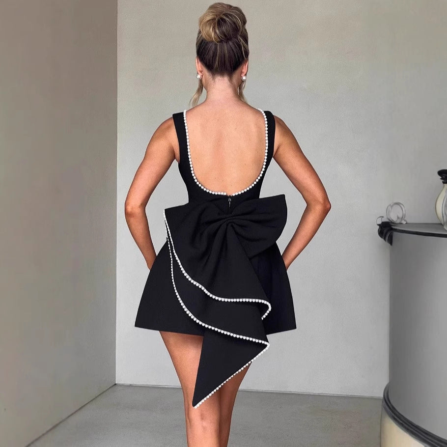 Summer Pearl Bow Backless A-Line Mini Dress