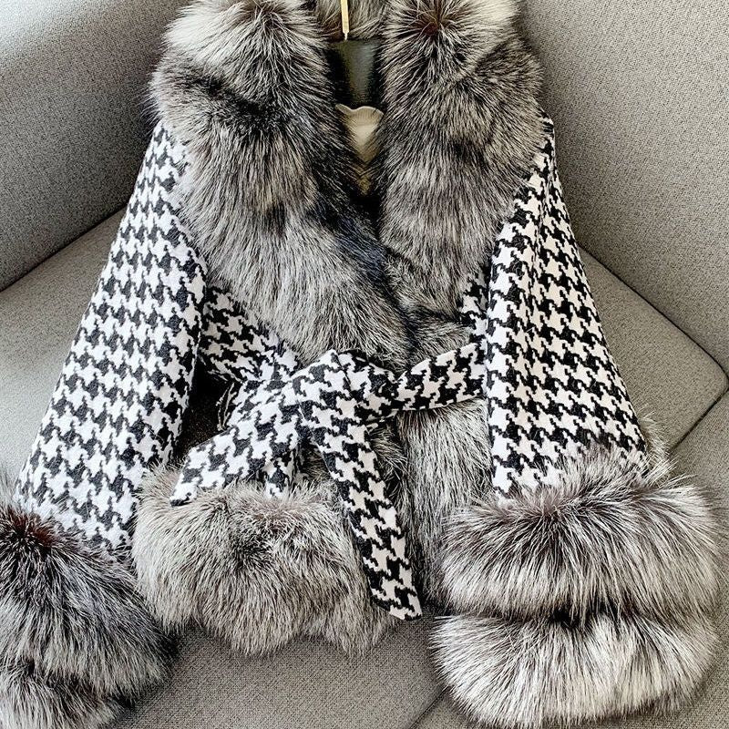 Women‘s Short Houndstooth Eco-friendly Fur Jacket