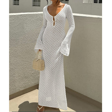 Women's V-Neck Long Sleeve Beach Cover-Up Dress