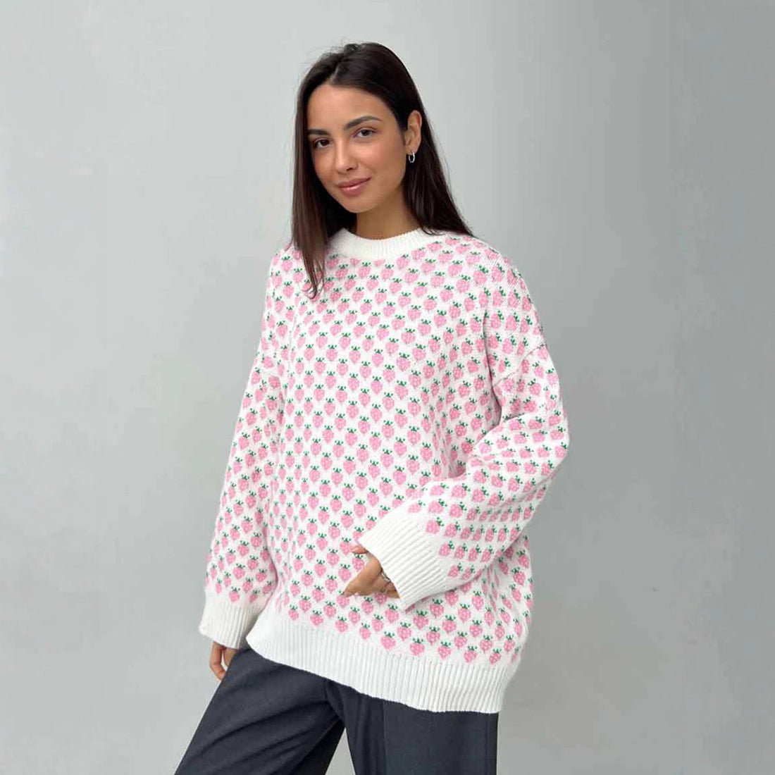 Oversized Strawberry Print Sweater