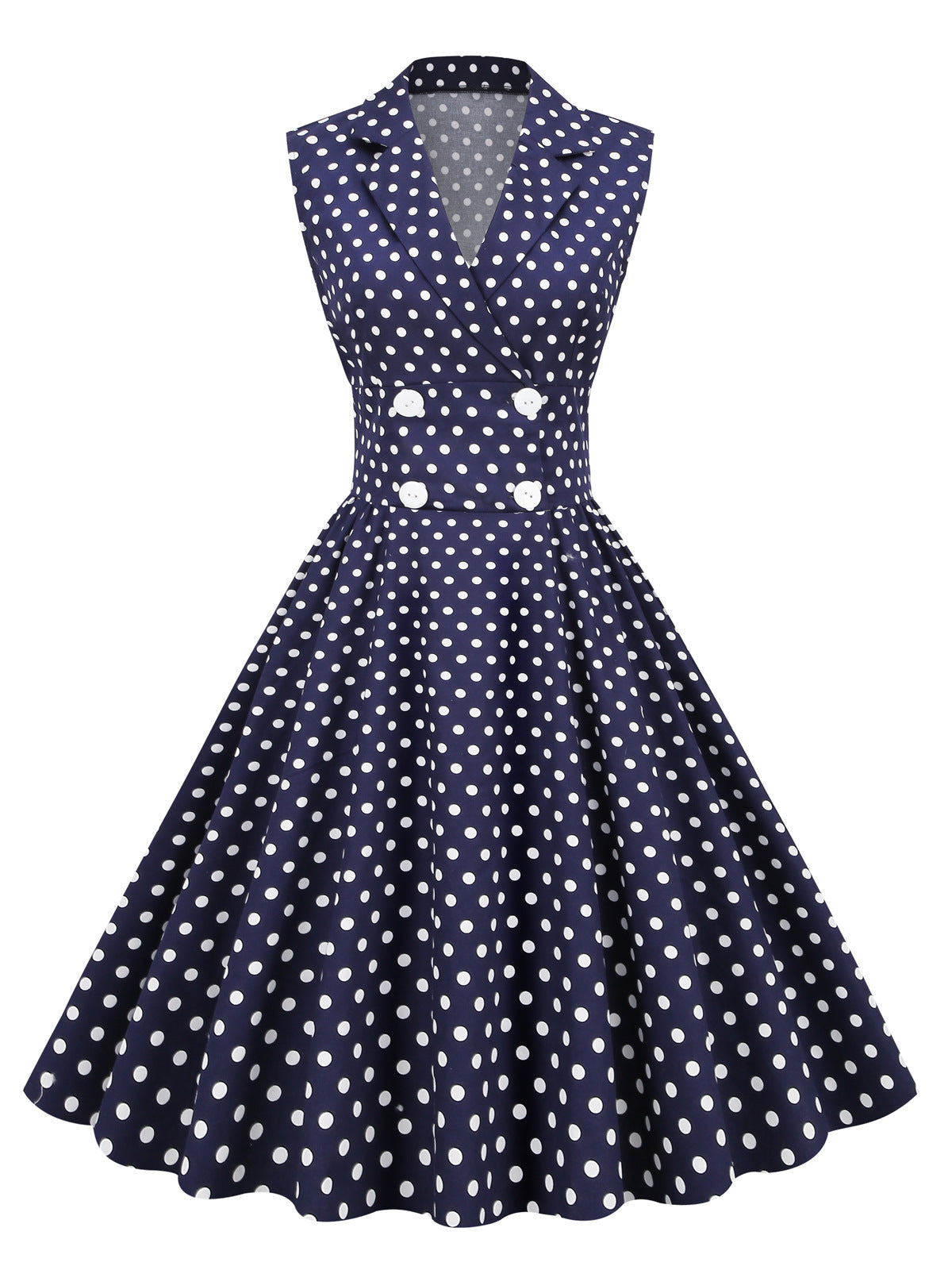 Vintage Sleeveless Polka Dot Dresses-Dresses-Navy Blue-M-Free Shipping at meselling99