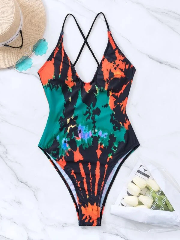 Ombre Tie-Dye Print One-Piece Swimsuit Sexy Bikini for Women