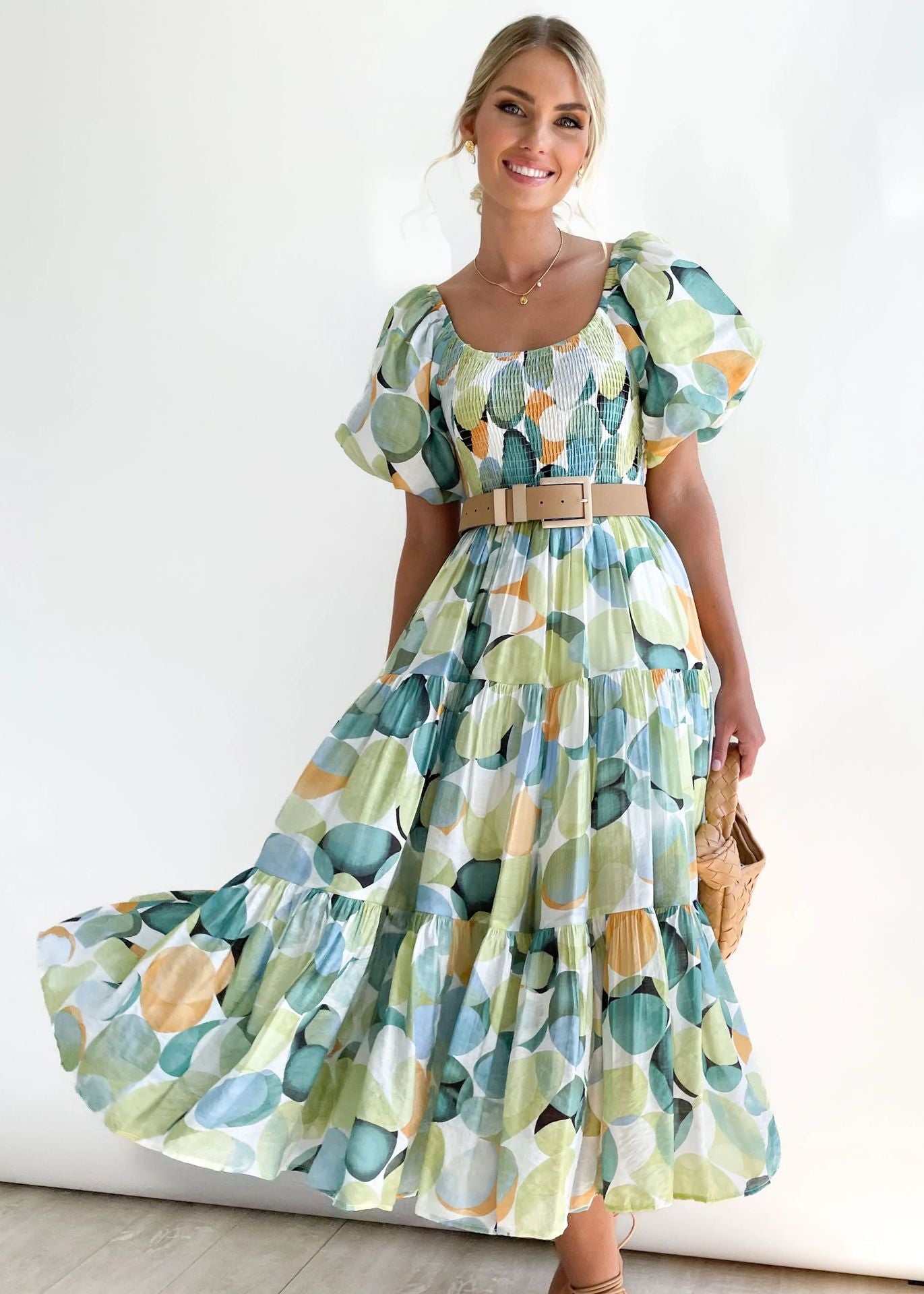Flutter Sleeve High Waist Off-Shoulder Print Dress