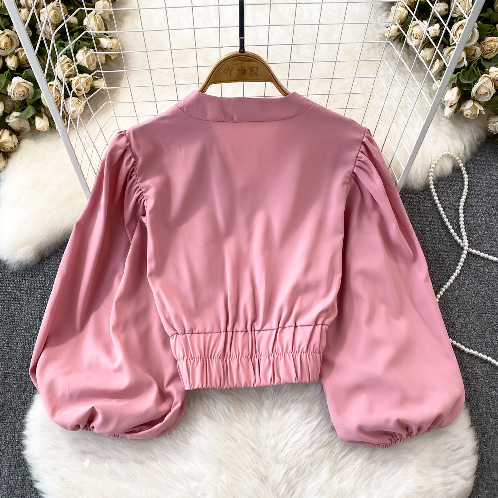 Women's Fashion V-Neck Lantern Sleeve Crop Top