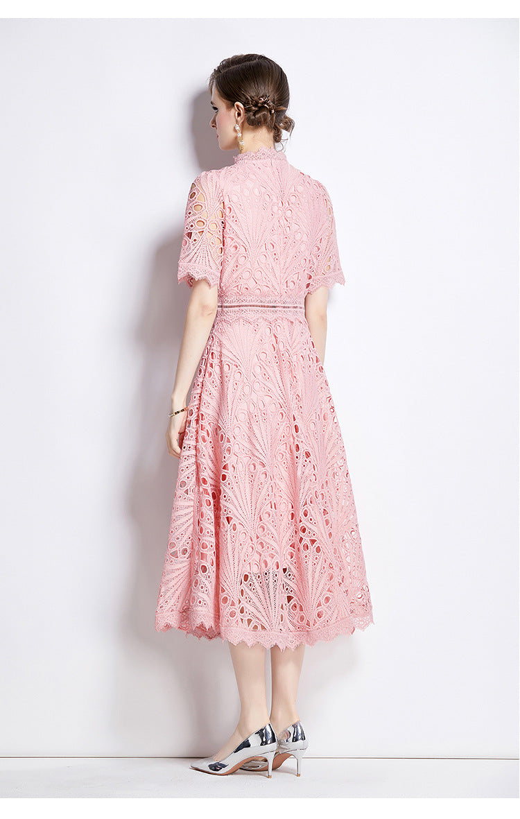 Vintage Embroidery Summer Pink Lace Dresses