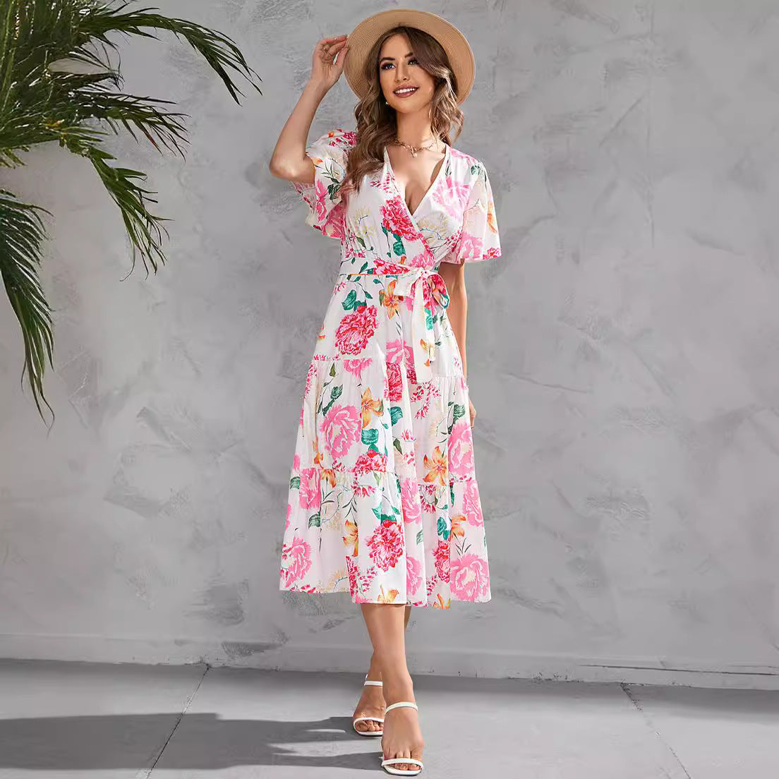 Women's Summer Floral V-Neck Waist-Tie Midi Short Sleeve Dress