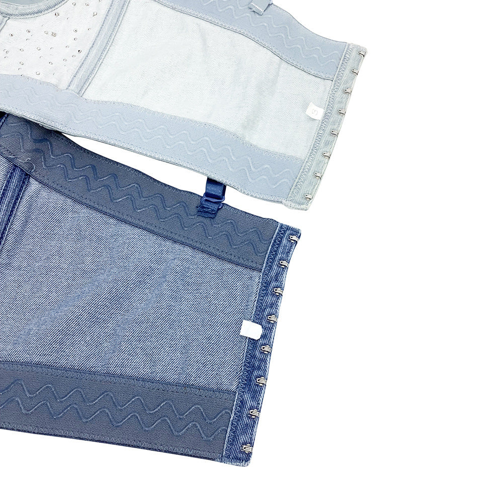 Sexy Women's Denim Bustier Top – Pearl Embellished Strappy Cropped Corset Vest