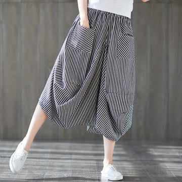 Women's Loose Fit Striped Cotton-Linen Drawstring Waist Lantern Skirt