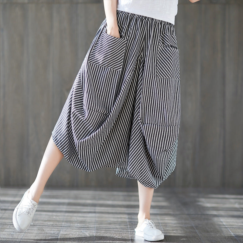 Women's Loose Fit Striped Cotton-Linen Drawstring Waist Lantern Skirt