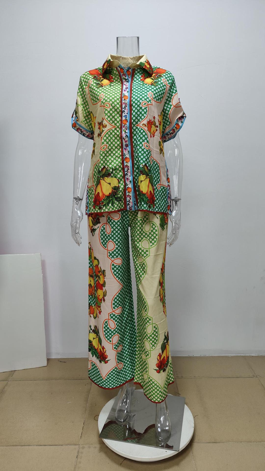 Printed Stand Collar Batwing Sleeve Loose Top with High-Waisted Wide-Leg Pant