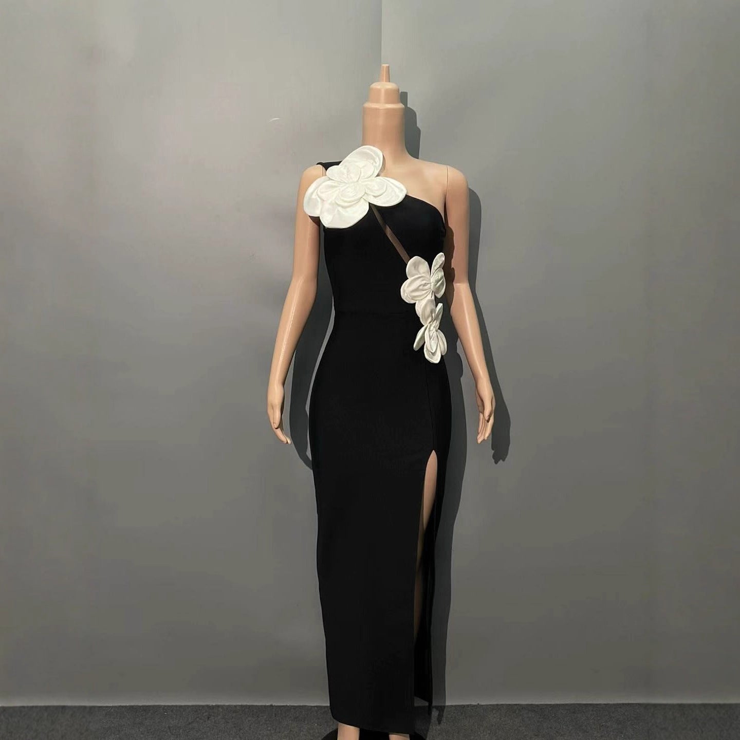 Elegant Off-Shoulder Bandage Dress with 3D Floral Details