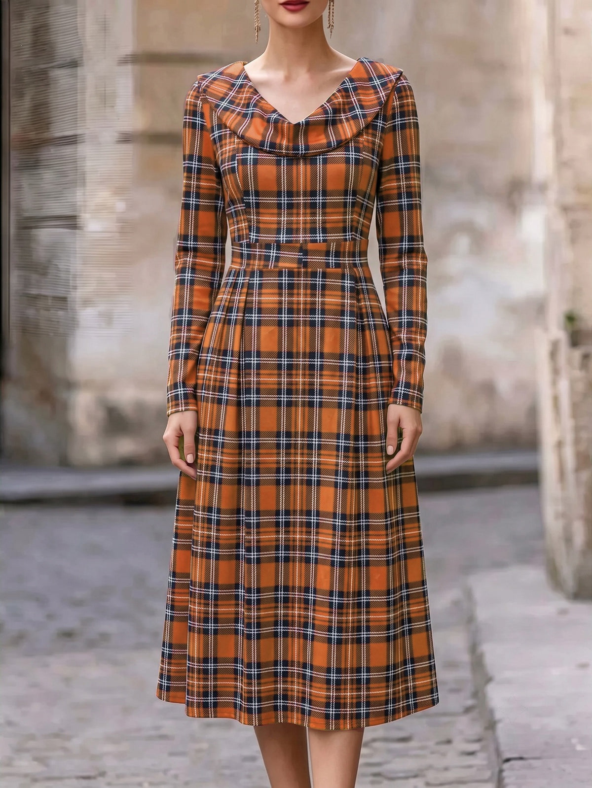 Autumn Winter Plaid Print Long Dress for Women