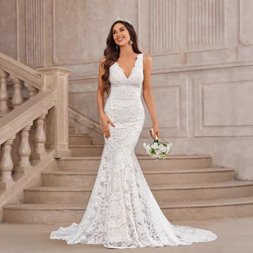 Sexy Deep V Sleeveless Mermaid Lace Wedding Dress