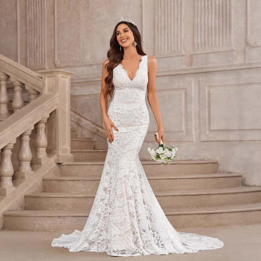 Sexy Deep V Sleeveless Mermaid Lace Wedding Dress