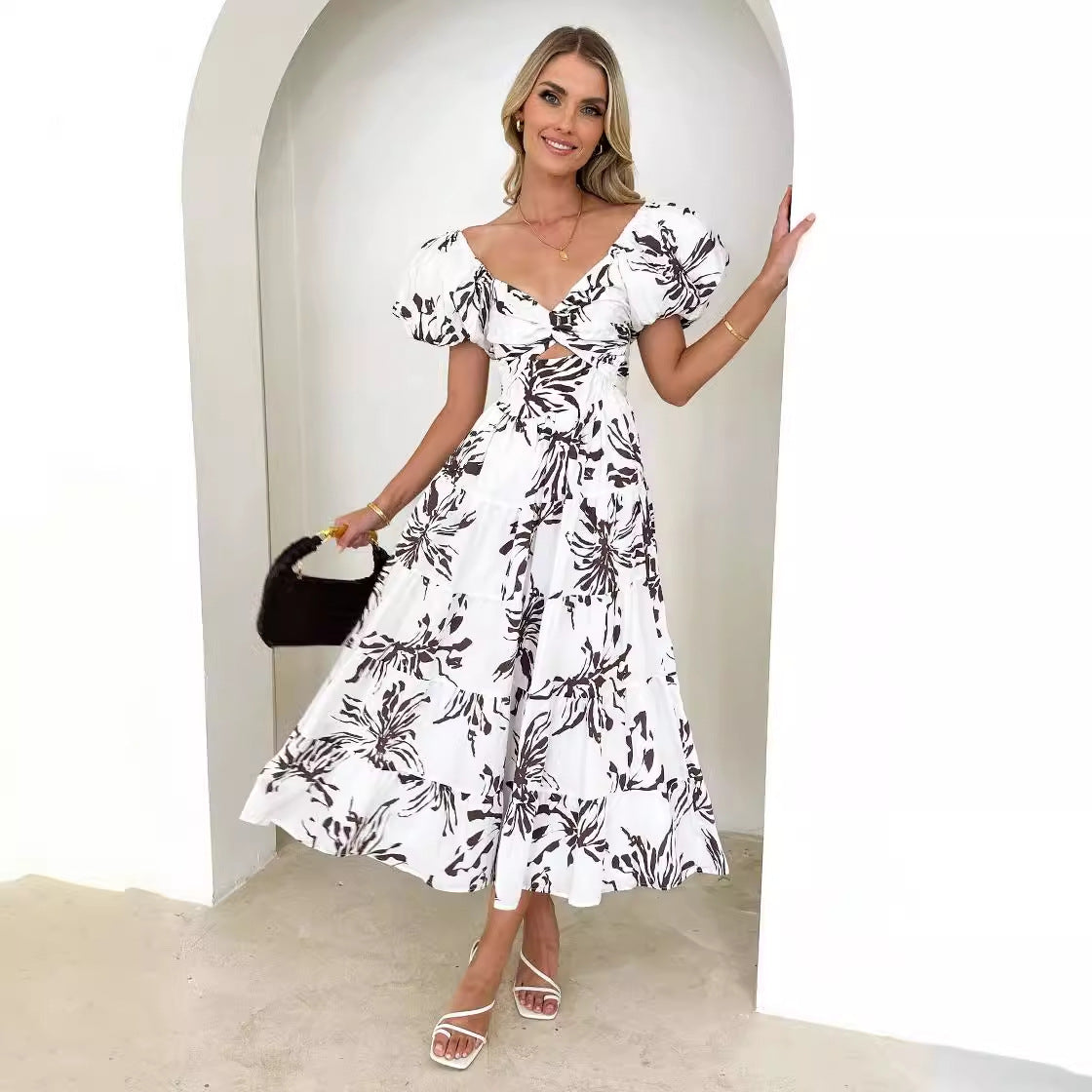 Elegant Floral Print Puff Sleeve Dress