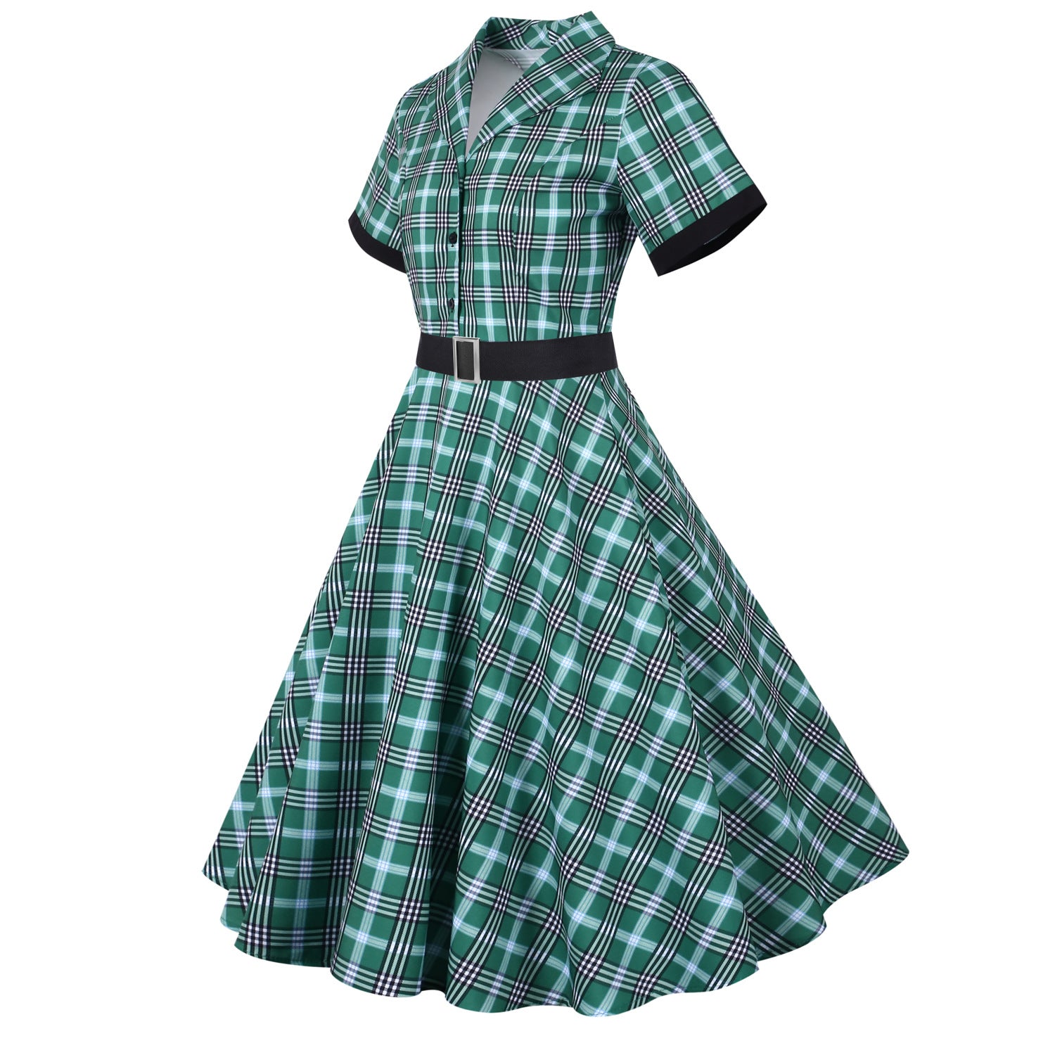 Retro Plaid Short Sleeve Dress with Belt