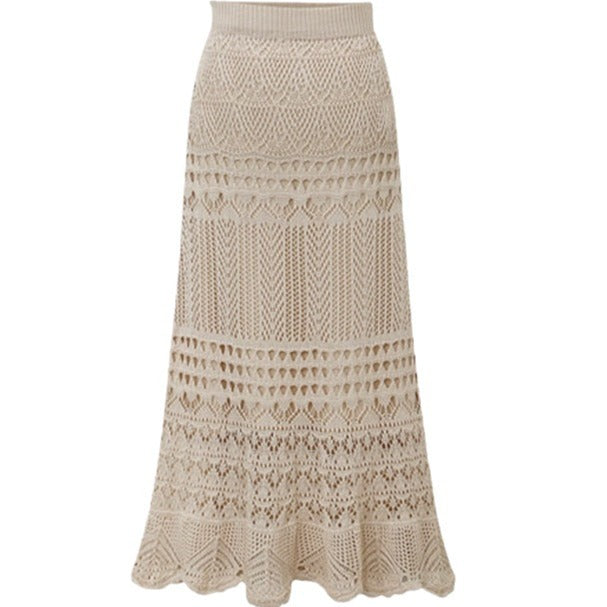 Women's High-Waisted Loose Fit Plus-Size Crochet Lace Knitted Midi Pencil Skirt