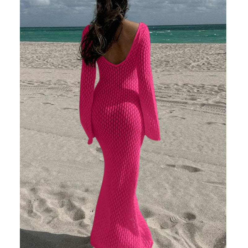 Women's V-Neck Long Sleeve Beach Cover-Up Dress